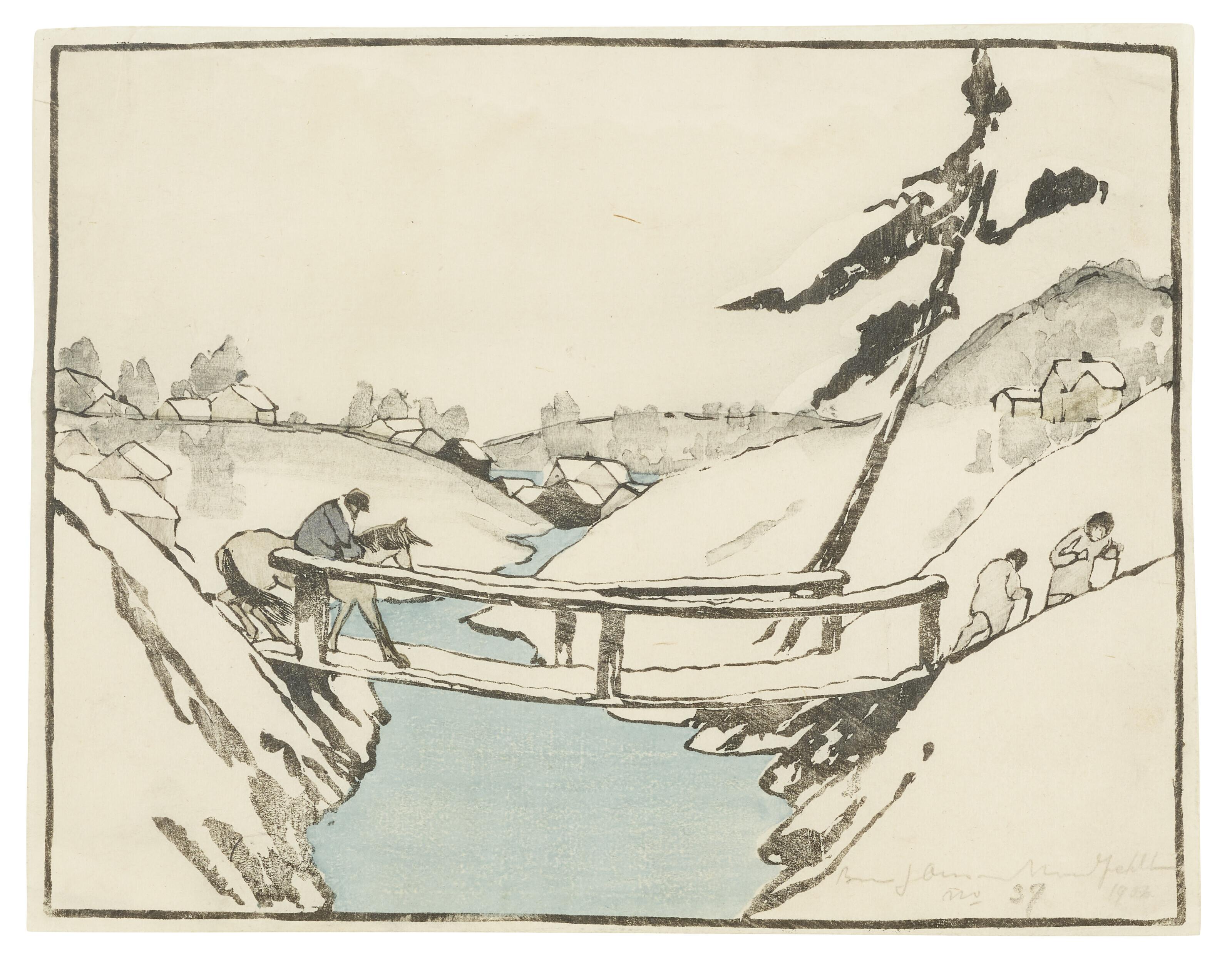 Bror Julius Olsson Nordfeldt - Three Travelers Crossing A Bridge In The Snow