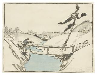 Bror Julius Olsson Nordfeldt - Three Travelers Crossing A Bridge In The Snow