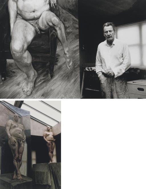 Bruce Bernard - Lucien Freud standing with portrait of Leigh Bowery, 1990; Leigh Bowery posing with painting, 1994
