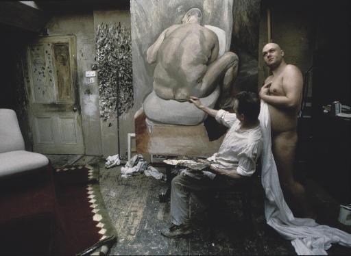 Bruce Bernard - Lucien Freud working in his studio with Leigh Bowery, 1992