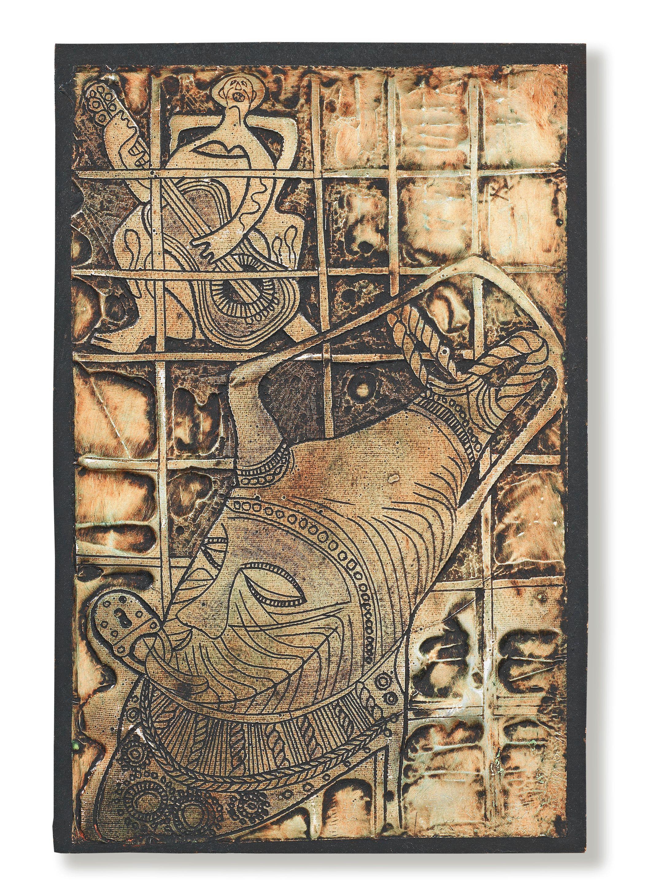 Bruce Onobrakpeya - Five metal foil relief (repoussé) panels (i-v):