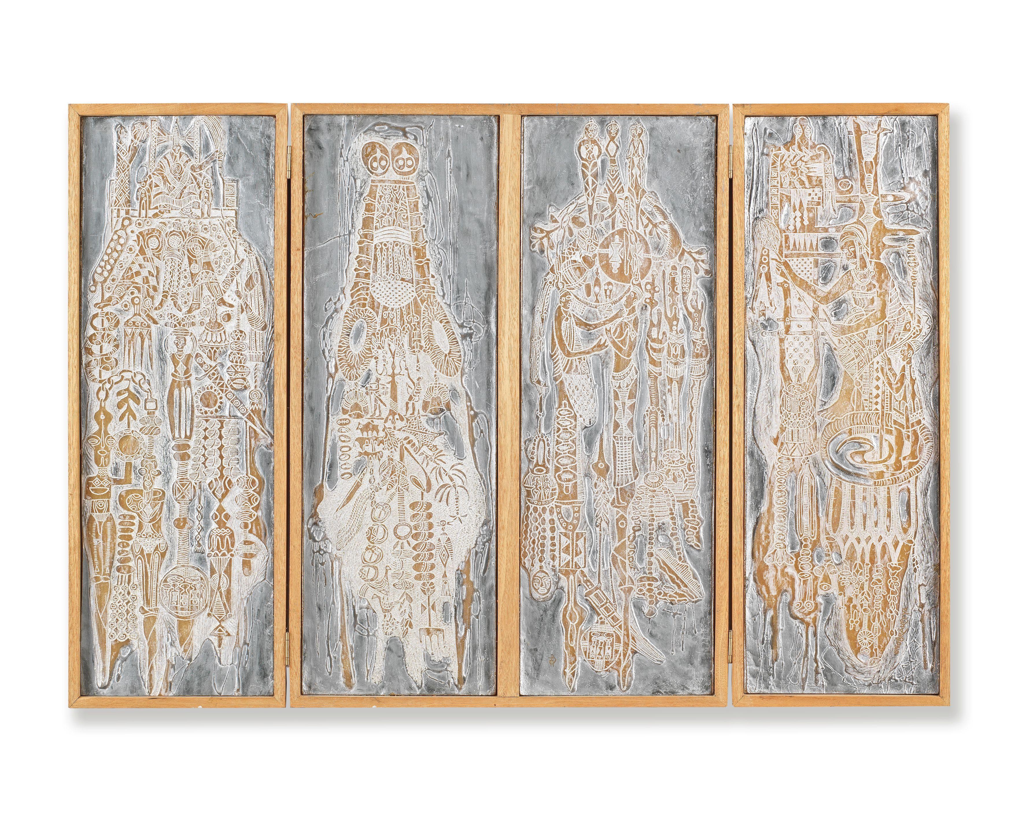 Bruce Onobrakpeya - Four-fold screen with four Plastocast reliefs