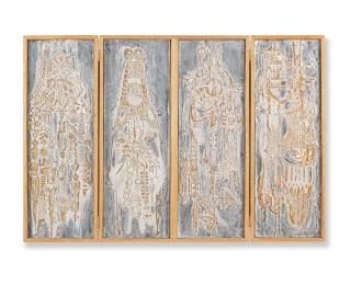 Bruce Onobrakpeya - Four-fold screen with four Plastocast reliefs