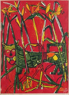 Bruce Onobrakpeya - Leopard in Cornfield