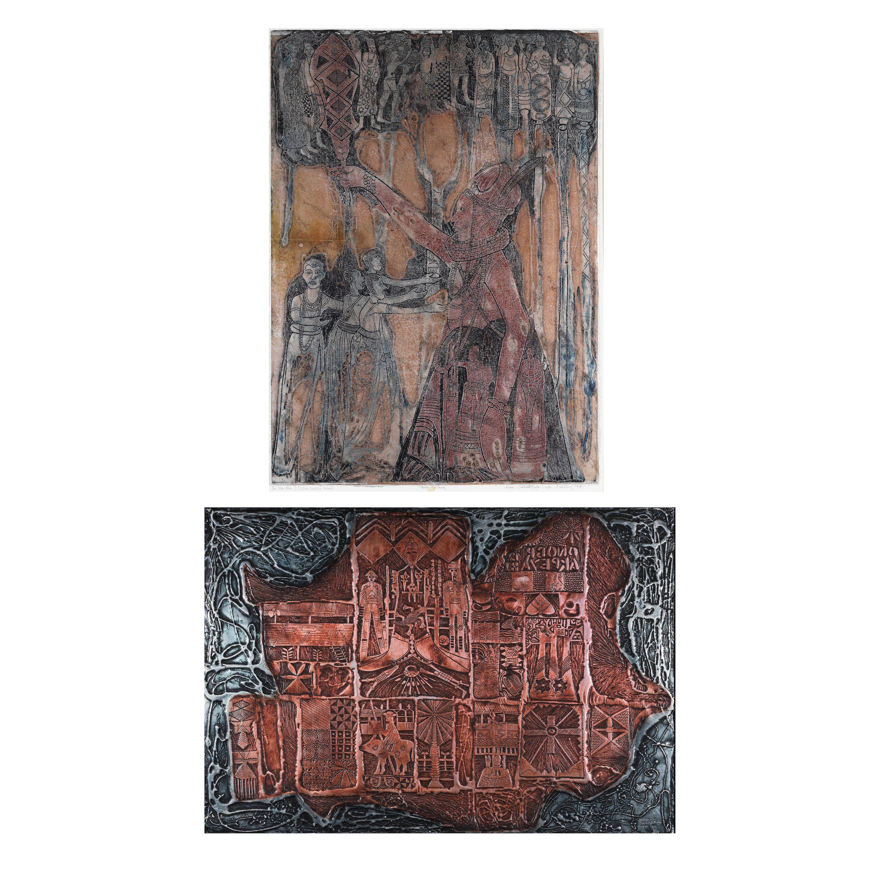 Bruce Onobrakpeya - Life in Aravbarie, Oba Aka I (deux oeuvres)