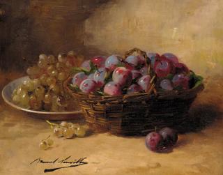Brunel De Neuville - Grapes on a plate and plums in a basket