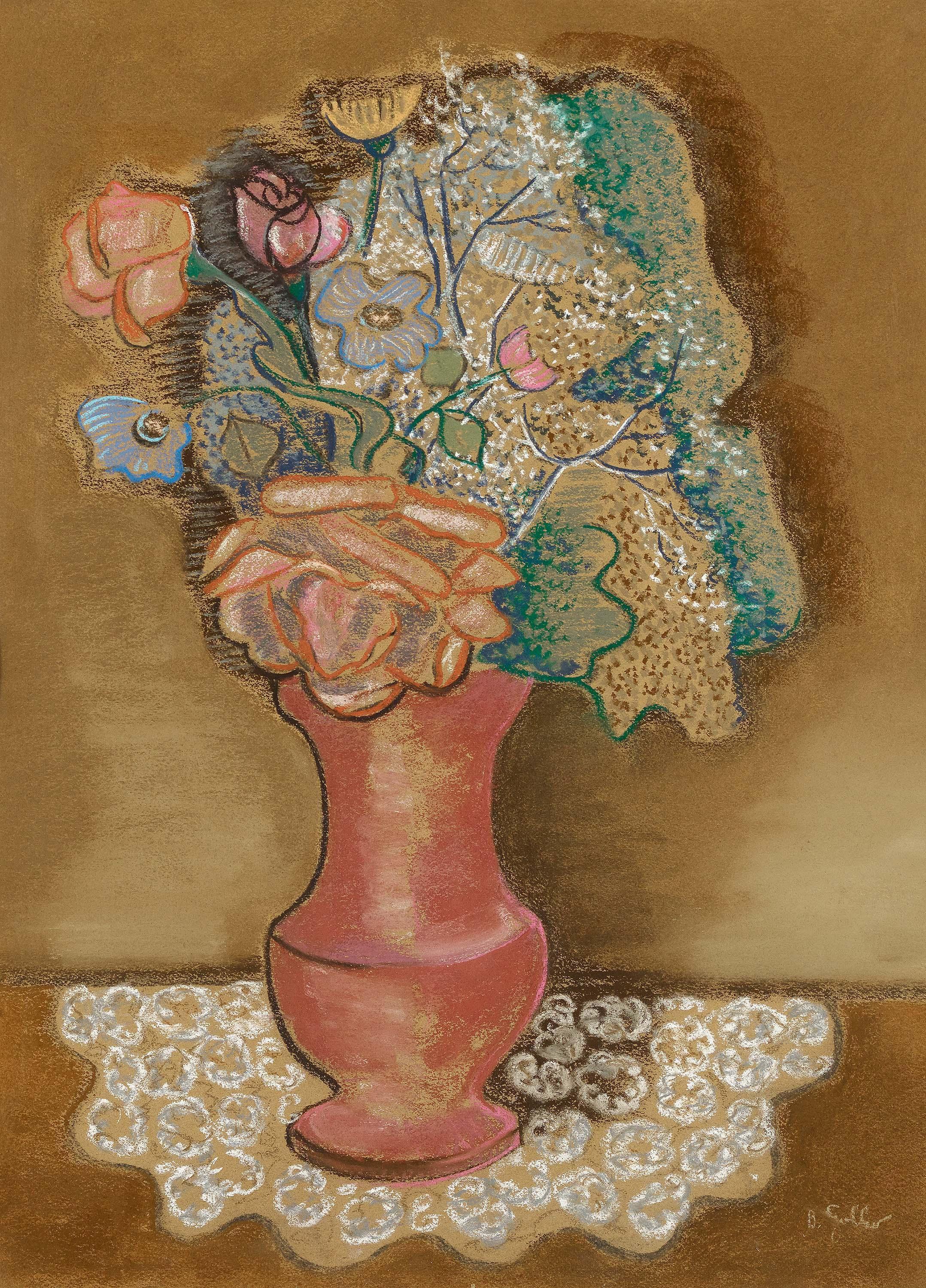 Bruno Goller - Blumenstrauss in roséfarbener Vase.