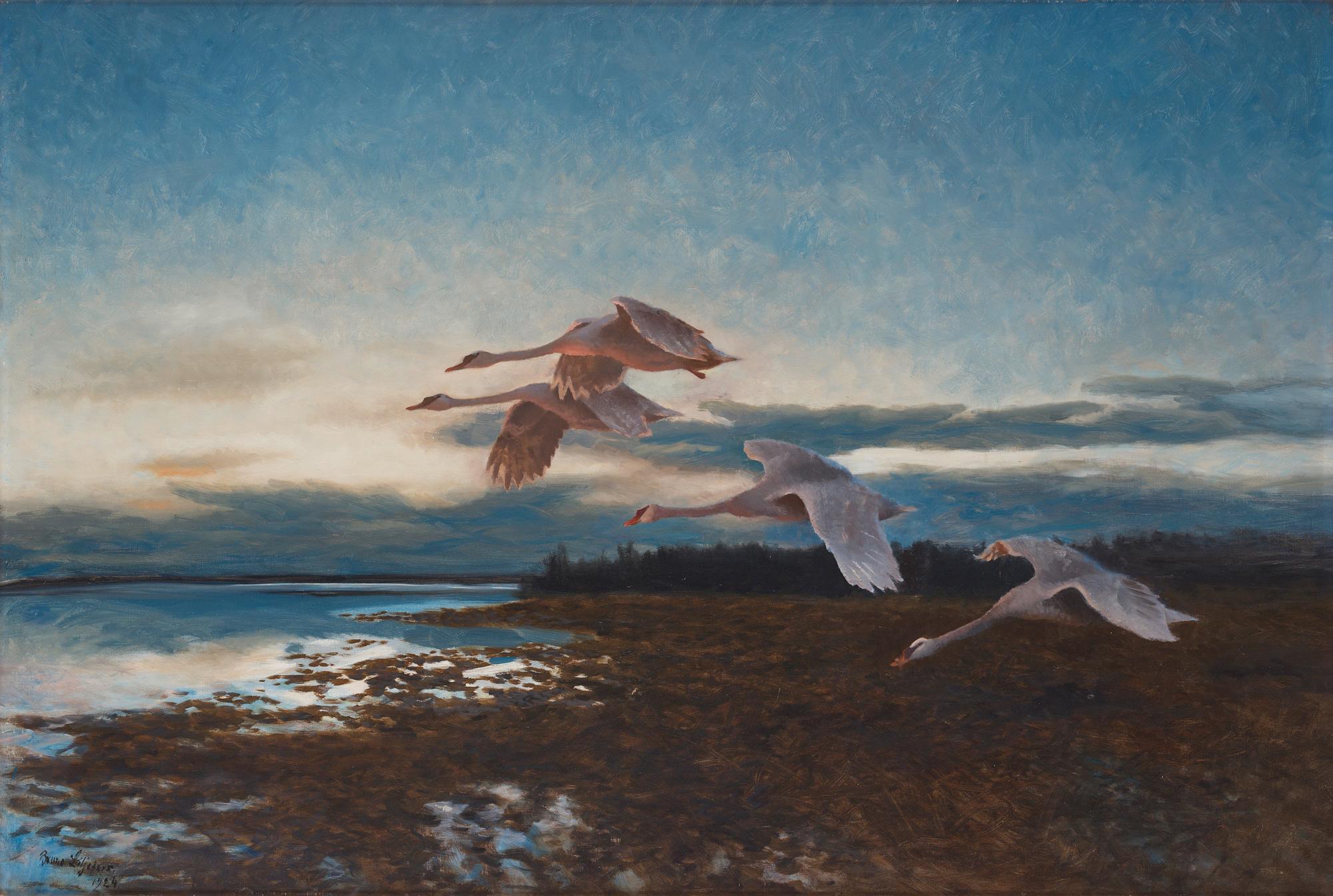 Bruno Liljefors - Twilight landscape with stretching swans