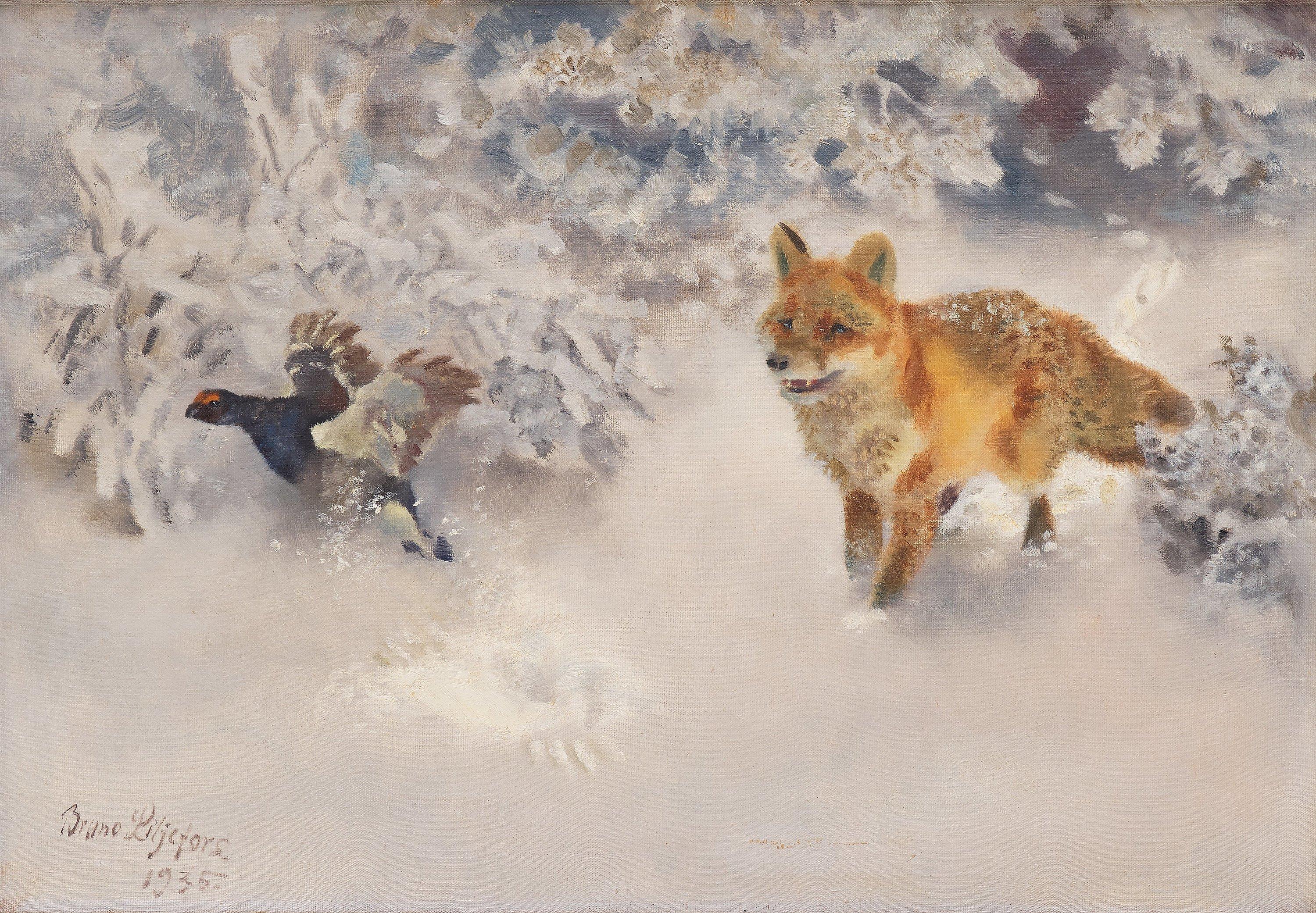 Bruno Liljefors - Winter landscape with fox and black grouse