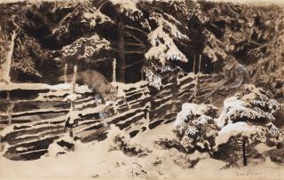 Bruno Liljefors - Winter scene with hunter and fox by fence