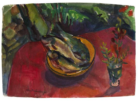 Bruno Müller-Linow - Forellen auf rotem Tischtuch im Garten