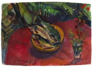 Bruno Müller-Linow - Forellen auf rotem Tischtuch im Garten