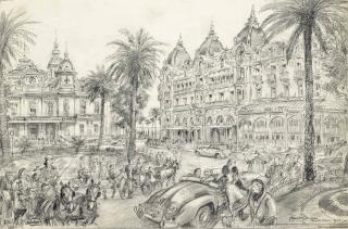 Bryan De Grineau - A famous spot on the Riviera which still retains its traditionally carefree atmosphere of leisure and elegance: The square outside the Casino at Monte Carlo