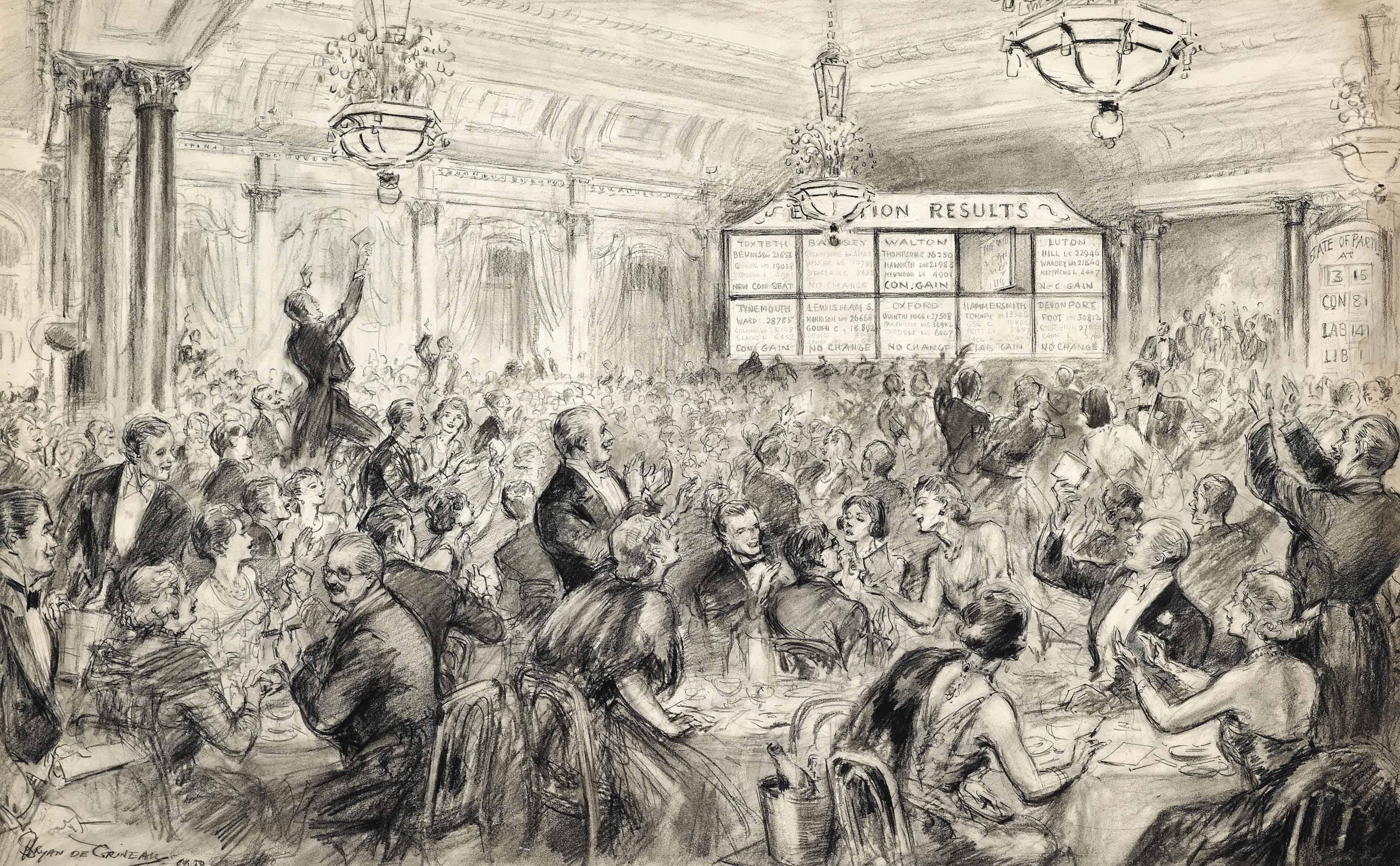 Bryan de Grineau - Election-night fever in the West End - Cheering a Conservative gain: Diners-out at a London restaurant following the fluctuating fortunes of the parties on an indicator-board