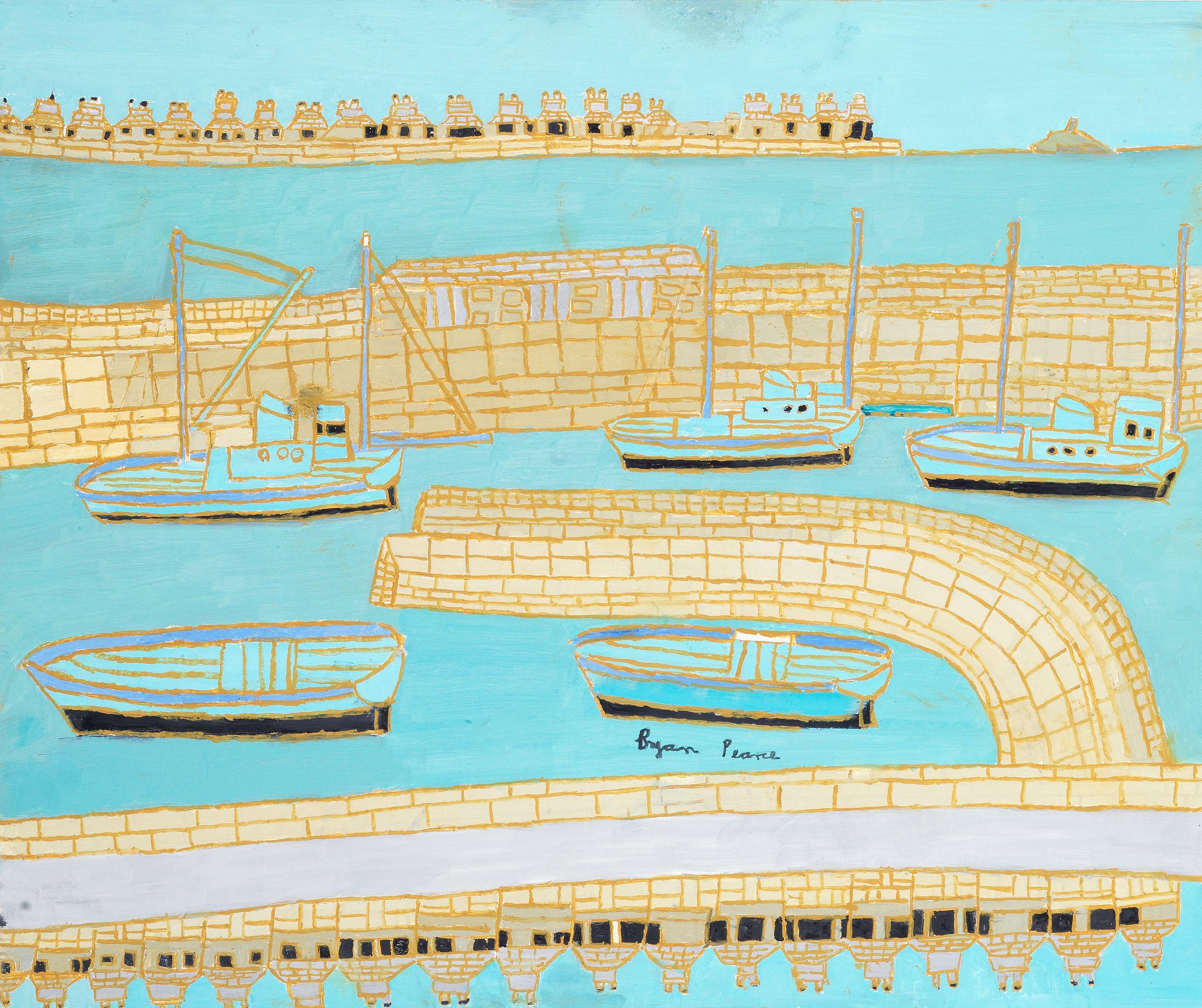 Bryan Pearce - Newlyn Harbour with Five Blue Boats