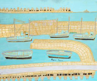 Bryan Pearce - Newlyn Harbour with Five Blue Boats
