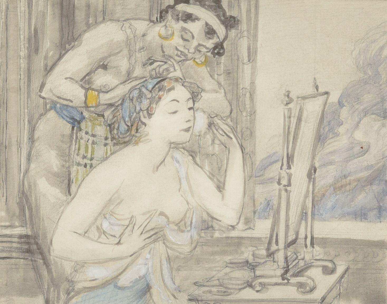 Bryson Burroughs - Study for Helen at her Toilet Initialed \'B.B.\' along the lower edge. Watercolor and gouache on paper, framed. sight 6 x 7 1/2 in. (15.3 x 19.1 cm)