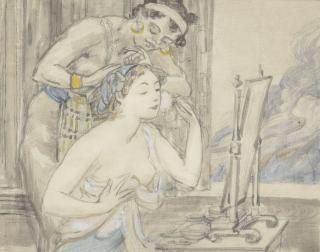 Bryson Burroughs - Study for Helen at her Toilet Initialed \'B.B.\' along the lower edge. Watercolor and gouache on paper, framed. sight 6 x 7 1/2 in. (15.3 x 19.1 cm)