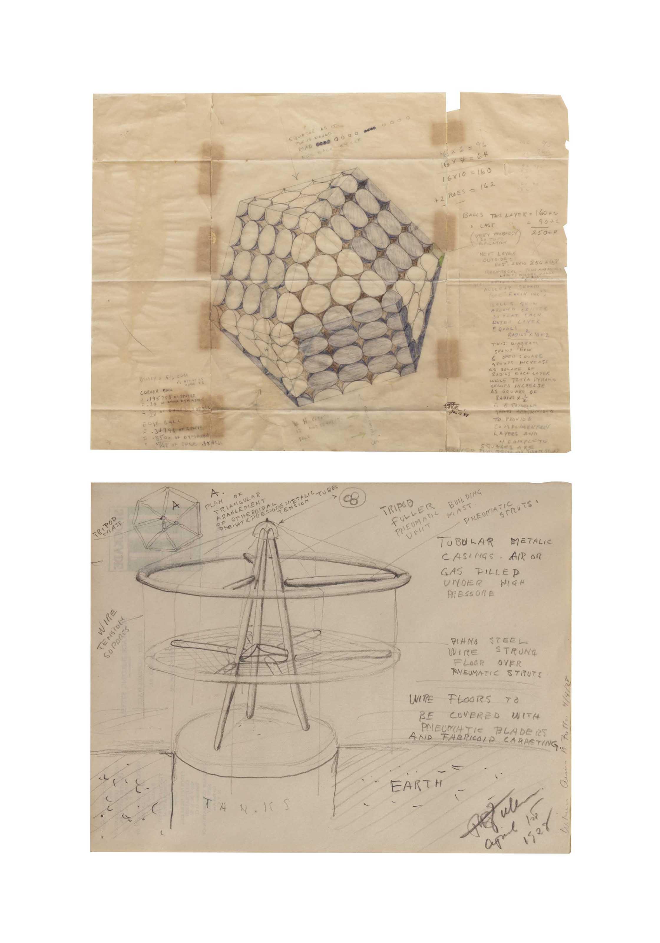 Buckminster Fuller - Dymaxion Nuclear Growth; together with Preliminary Sketch for Dymaxion House, Fuller Building Unit (two works)