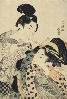 Bunro - A half length portrait of a falconer and a young woman, each holding a falcon, signed Bunro ga and published by Ezakiya Kichibei