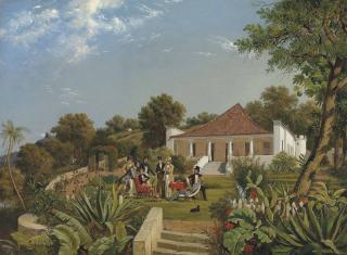 C.J. Martin - A group of merchants on a lawn, Rio de Janeiro, a glimpse of Corcovado beyond