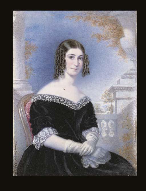 C. Langlois - Mr & Mrs Wynne: she, in black dress and gloves; he, seated leaning on a table; landscape background