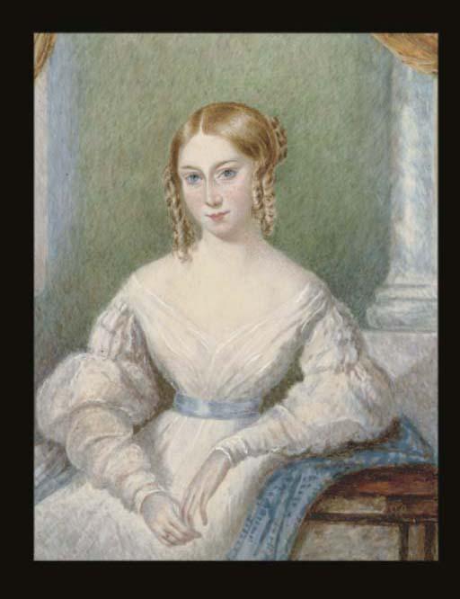 C. Langlois - Mrs J. Malcolm Corrie (neé Fanny Wynne) in white dress leaning on a blue stole; pillar background