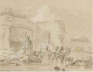 C. Michel-Hamon Duplessis - Shepherds Watering Their Animals By A Ruined Bridge, A Horse And Cart Seen Beyond