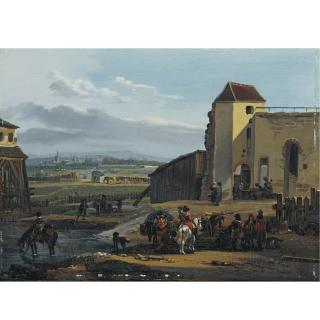 C. Michel-Hamon Duplessis - Travellers Resting Before The Fortifications Of A Distant City