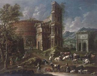 Cajetan Roos - A Mountainous Landscape With Herdsmen And Travellers With A Capriccio of The Colosseum And Other Ruins