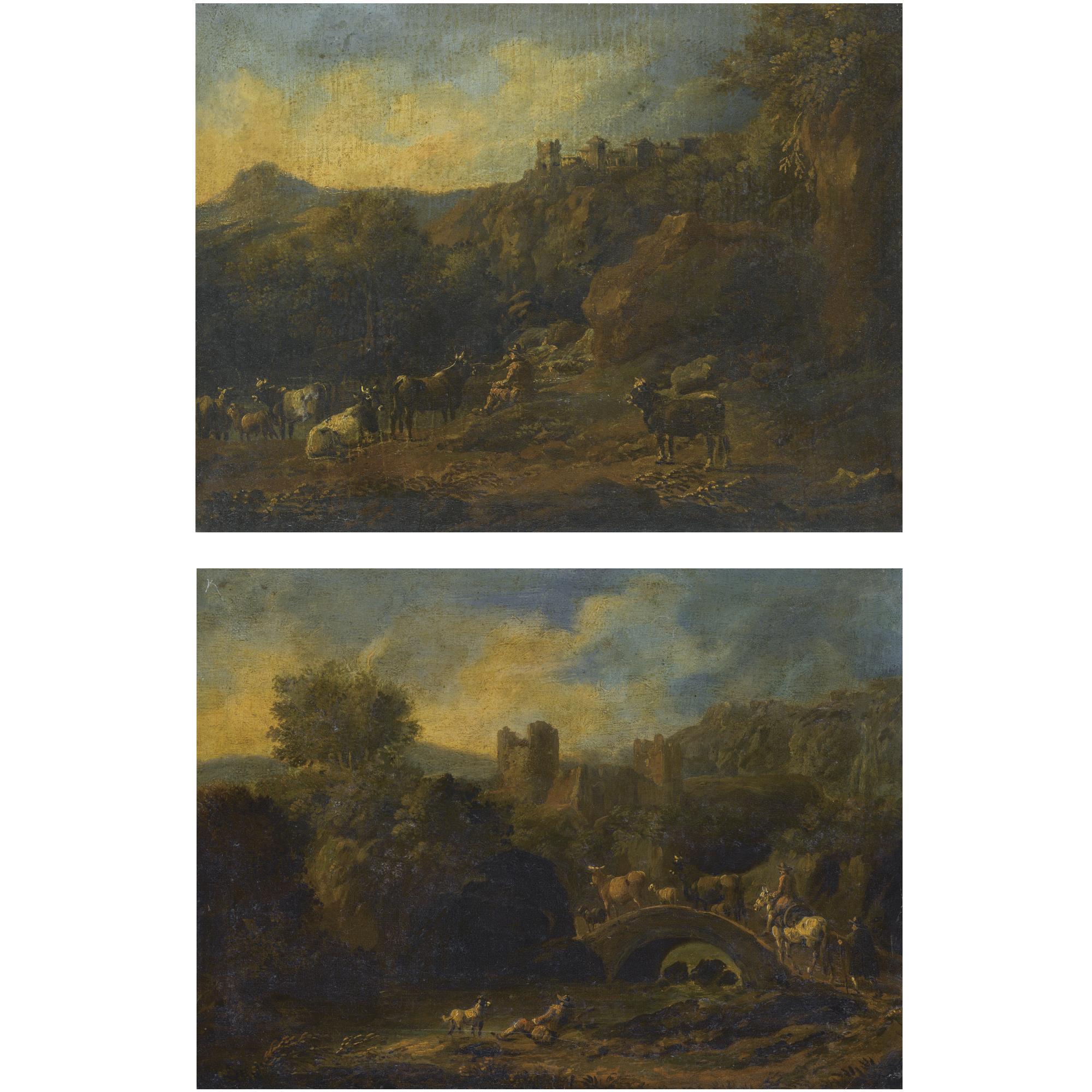 Cajetan Roos - A River Landscape With Herders And Their Cattle Crossing A Bridge; A Mountainous River Landscape With A Herder And His Cattle Resting In The Foreground