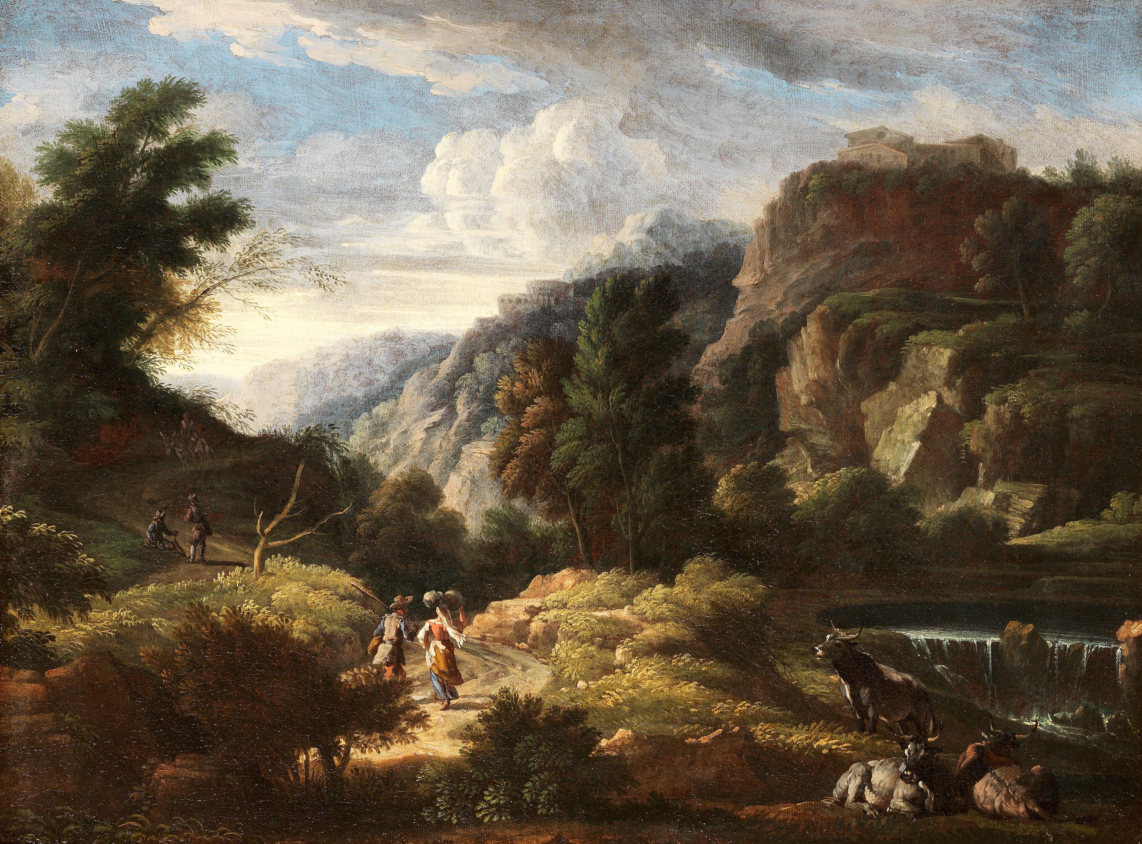 Cajetan Roos - An Italianate Landscape With A Couple On A Country Path