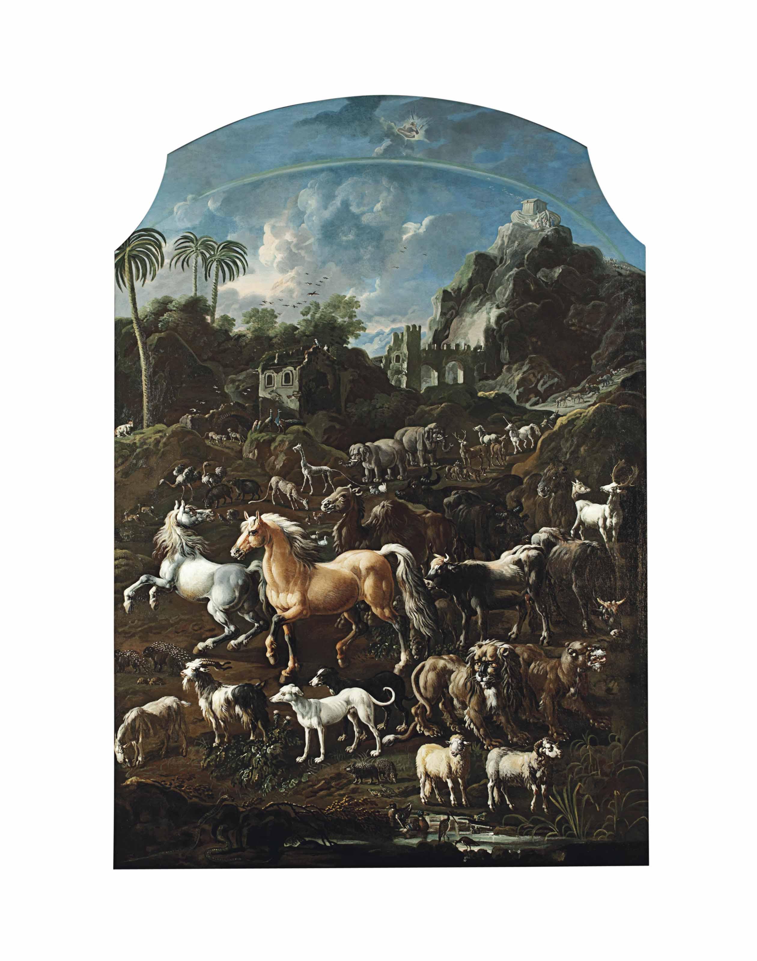 Cajetan Roos - The animals of Noah\'s Ark in a landscape with ruins and palm trees, the Ark atop a mountain beyond