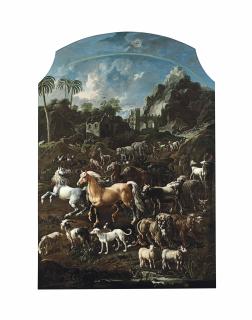 Cajetan Roos - The animals of Noah\'s Ark in a landscape with ruins and palm trees, the Ark atop a mountain beyond