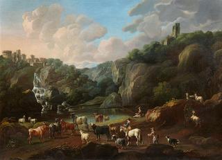 Cajetan Roos - Viehherde und Angler an einem Gebirgssee