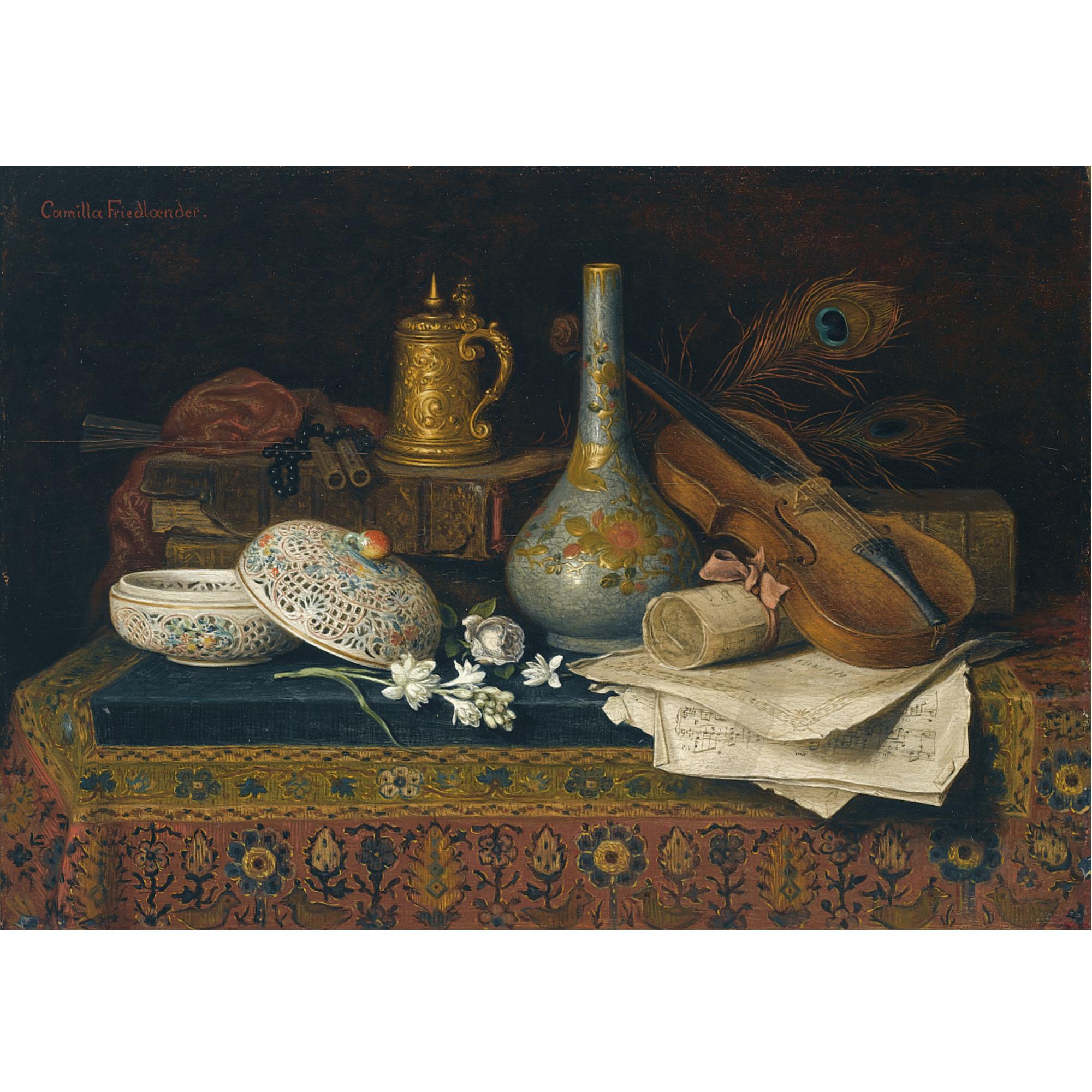 Camilla Edle von Malheim Friedländer - A Still Life With Chinese Artefacts And A Violin