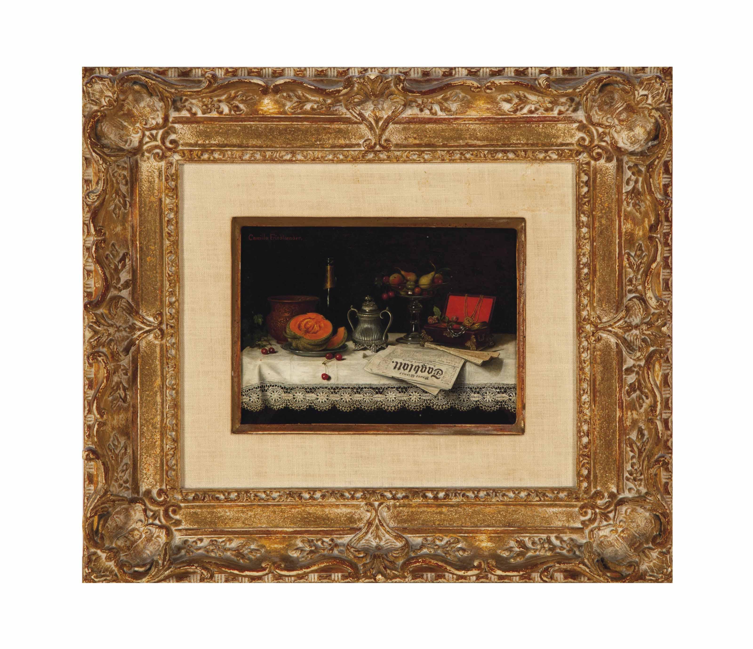 Camilla Edle von Malheim Friedländer - Still life with melon, champagne bottle and fruit stand on a table