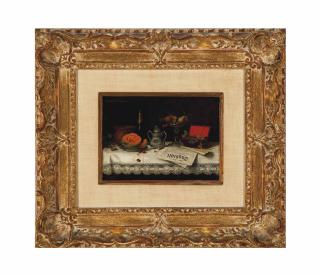 Camilla Edle von Malheim Friedländer - Still life with melon, champagne bottle and fruit stand on a table