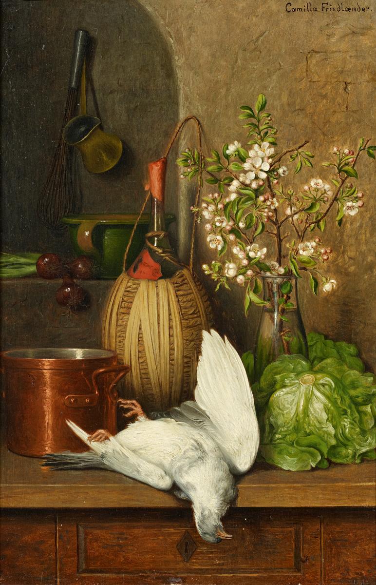 Camilla Friedländer von Malheim - Küchenstillleben mit Wein und erlegtem Vogel