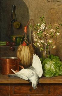 Camilla Friedländer von Malheim - Küchenstillleben mit Wein und erlegtem Vogel