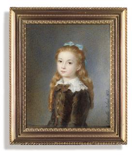 Camille Cornélie Isbert - A young girl called Marie Dominique Amélie Madeleine Maza (1868-1949), in brown dress and white lace collar, a blue bow in her long blond hair