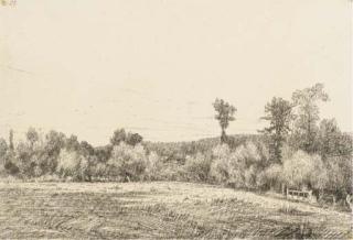 Camille Flers - Une prairie à Villers, près d\'Aumale, avec une maison entourée d\'arbres au fond