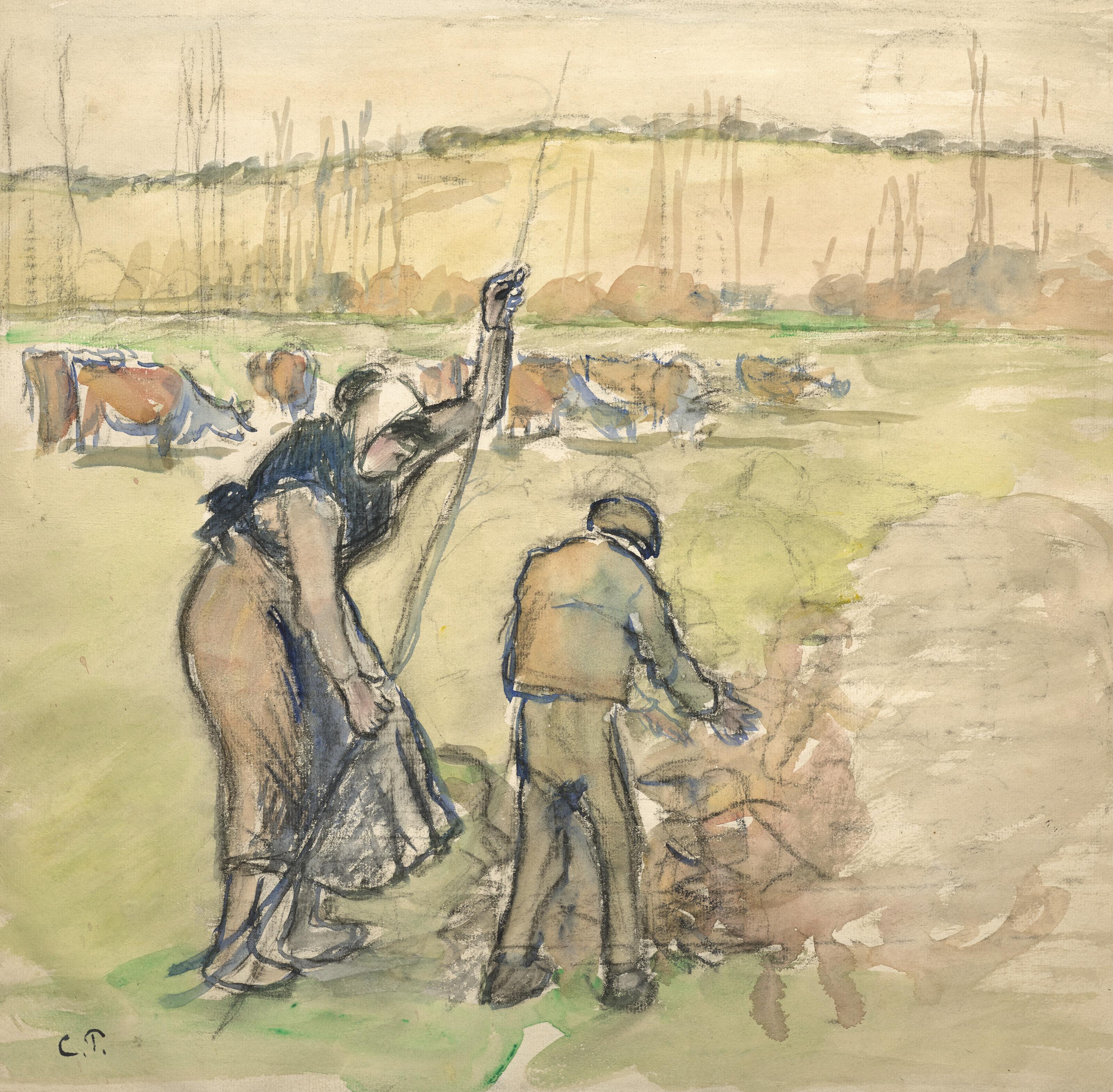 Camille Pissarro - Paysanne et enfant faisant du feu