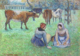 Camille Pissarro - Paysannes Assises Gardant Des Vaches