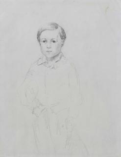 Camille Pissarro - Portrait de jeune garçon debout (recto) ; Esquisse d\'un paysage rocheux planté de roseaux (verso)