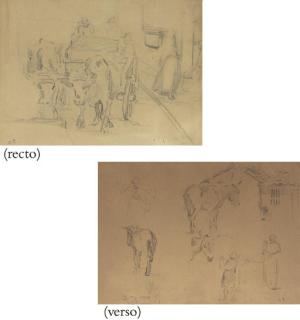 Camille Pissarro - Scène de rue (recto); Études de cheval (verso)