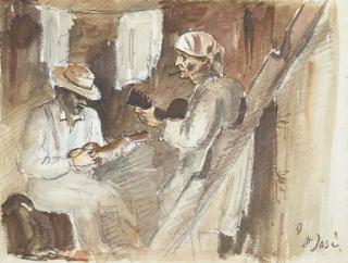 Camille Pissarro - Two men playing the guitar in an interior in San José (recto); A group of men on a hilltop, one with a dog and a gun, and a study of a woman (verso)