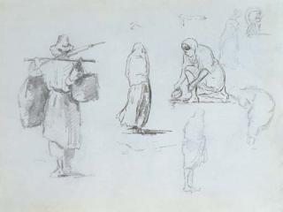 Camille Pissarro - Un Homme Portant Deux Paniers Et Études de Femmes