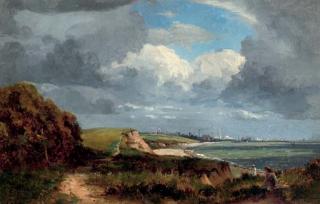 Campbell A. Mellon - Figures on a coastal path, a town in the distance