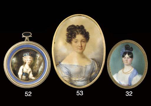 Candide Blaize - A young lady, in a blue dress with underslip, wearing a striped stole over her left arm, her hair dressed in curls